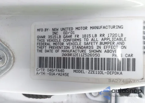 2001 Toyota Corolla Le z USA, uszkodzony, nr VIN 1NXBR12E11Z526950